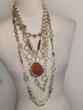 Boho Luxe Designer Jewelry Lot 5 Necklaces Glass Pearl CZ Layering Set